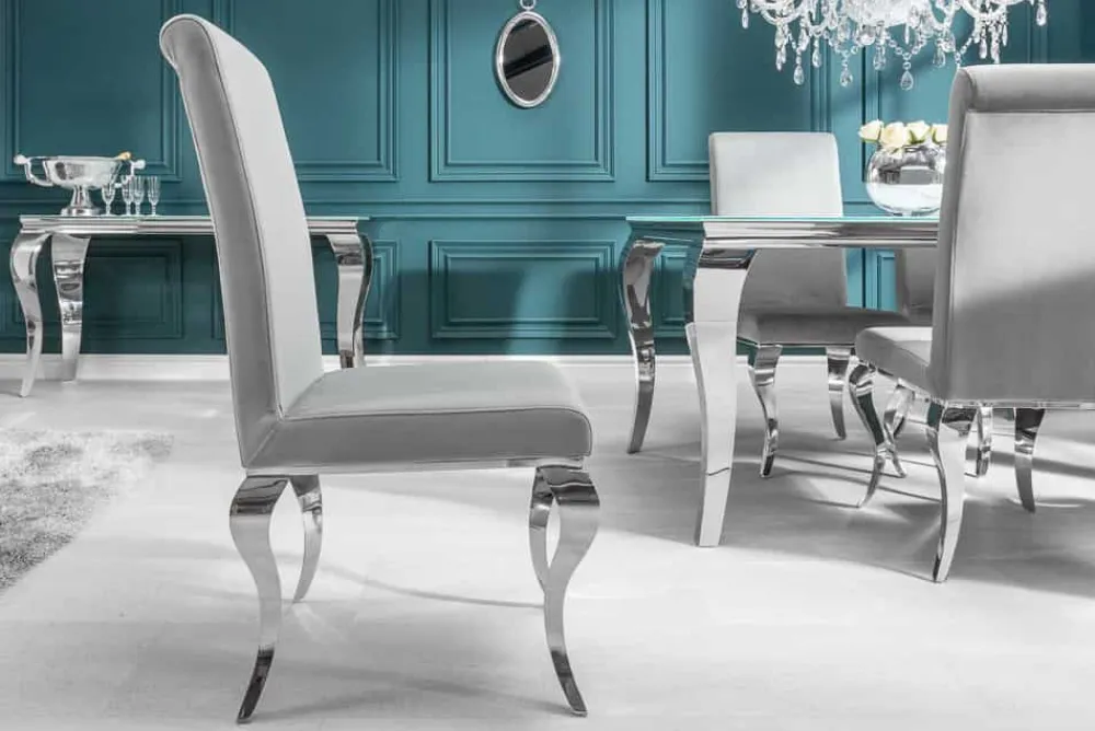 Riess-Ambiente Stühle|Samt Möbel > Eleganter Stuhl MODERN BAROCK edel-grau Samt Stuhlbeine aus Edelstahl