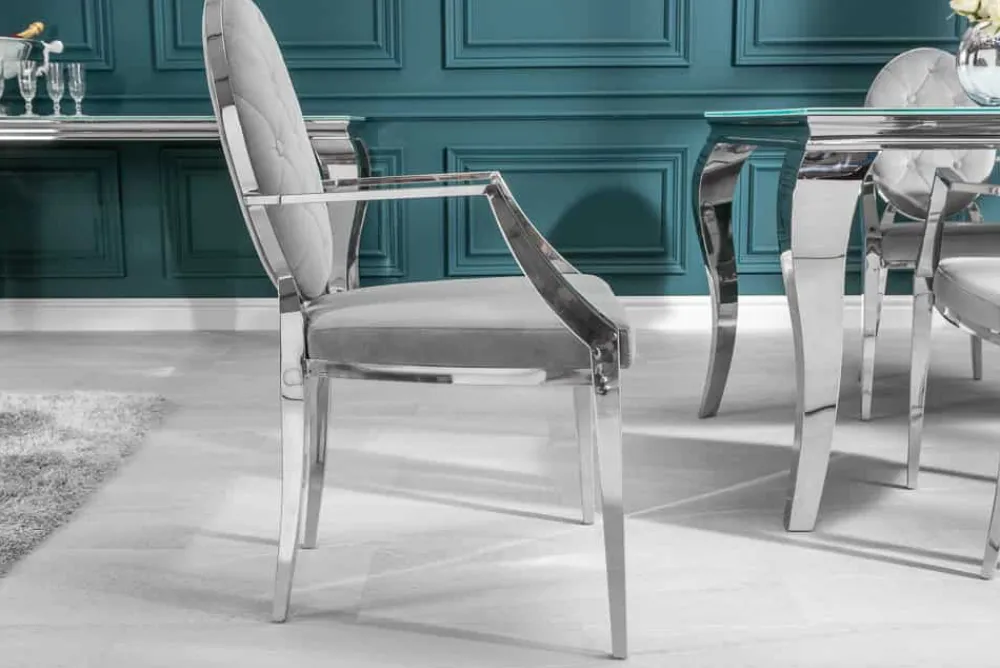 Riess-Ambiente Stühle|Samt Möbel > Eleganter Stuhl MODERN BAROCK edel-grau Samt mit Armlehnen und Zierknöpfen