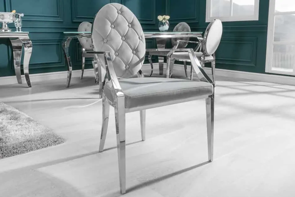 Riess-Ambiente Stühle|Samt Möbel > Eleganter Stuhl MODERN BAROCK edel-grau Samt mit Armlehnen und Zierknöpfen