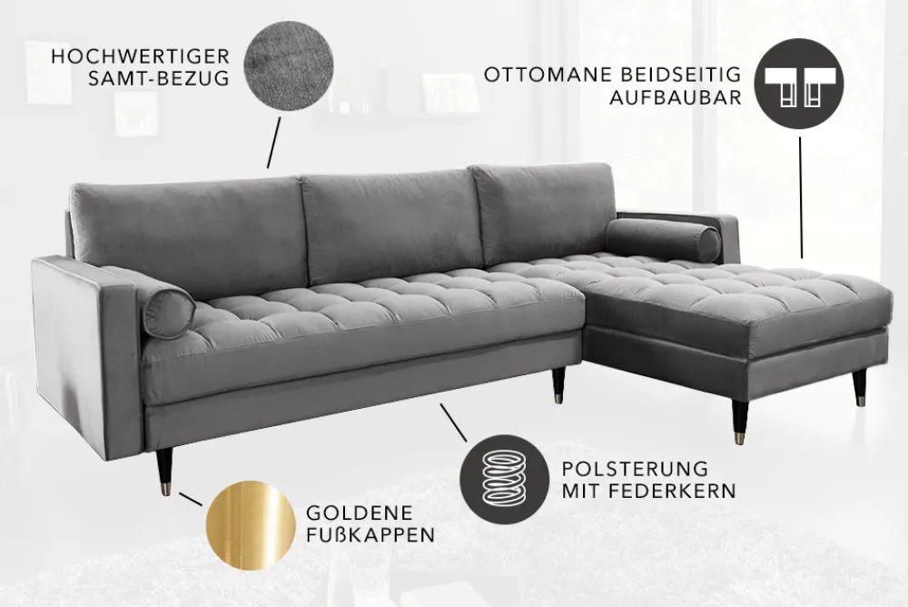 Riess-Ambiente Samt Möbel|Ecksofa > Elegantes Ecksofa COZY VELVET 260cm grau Samt Federkern 3-Sitzer