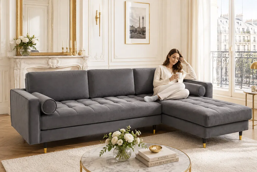 Riess-Ambiente Samt Möbel|Ecksofa > Elegantes Ecksofa COZY VELVET 260cm grau Samt Federkern 3-Sitzer