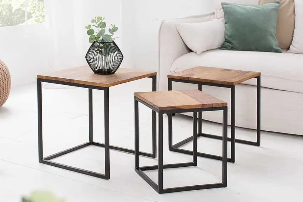Riess-Ambiente Mehr...|Couchtische > 3er Set Beistelltisch ELEMENTS 40cm braun Sheesham Massivholz stone finish Metall