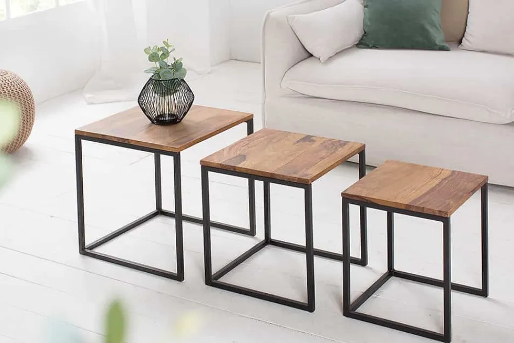 Riess-Ambiente Mehr...|Couchtische > 3er Set Beistelltisch ELEMENTS 40cm braun Sheesham Massivholz stone finish Metall