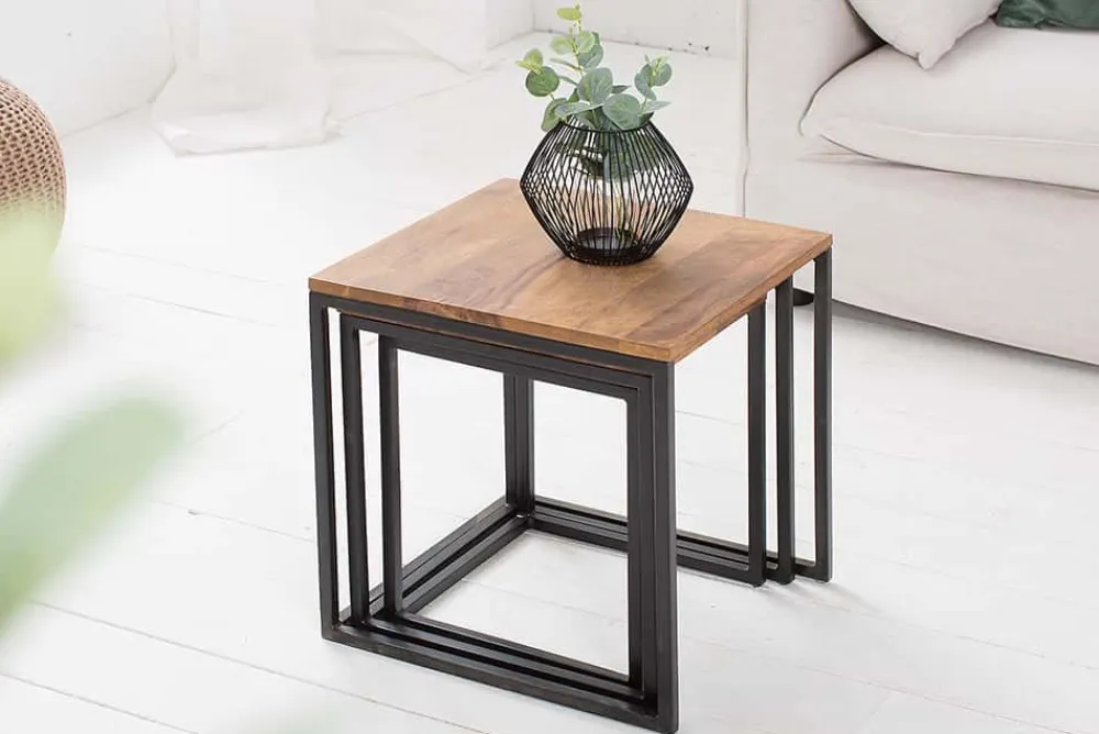 Riess-Ambiente Mehr...|Couchtische > 3er Set Beistelltisch ELEMENTS 40cm braun Sheesham Massivholz stone finish Metall