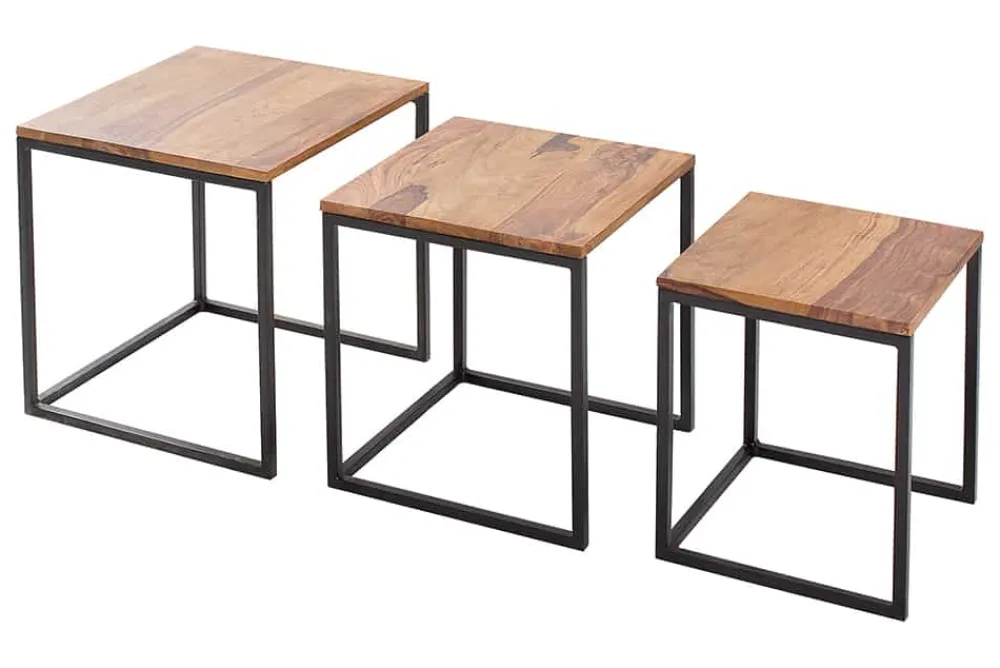 Riess-Ambiente Mehr...|Couchtische > 3er Set Beistelltisch ELEMENTS 40cm braun Sheesham Massivholz stone finish Metall