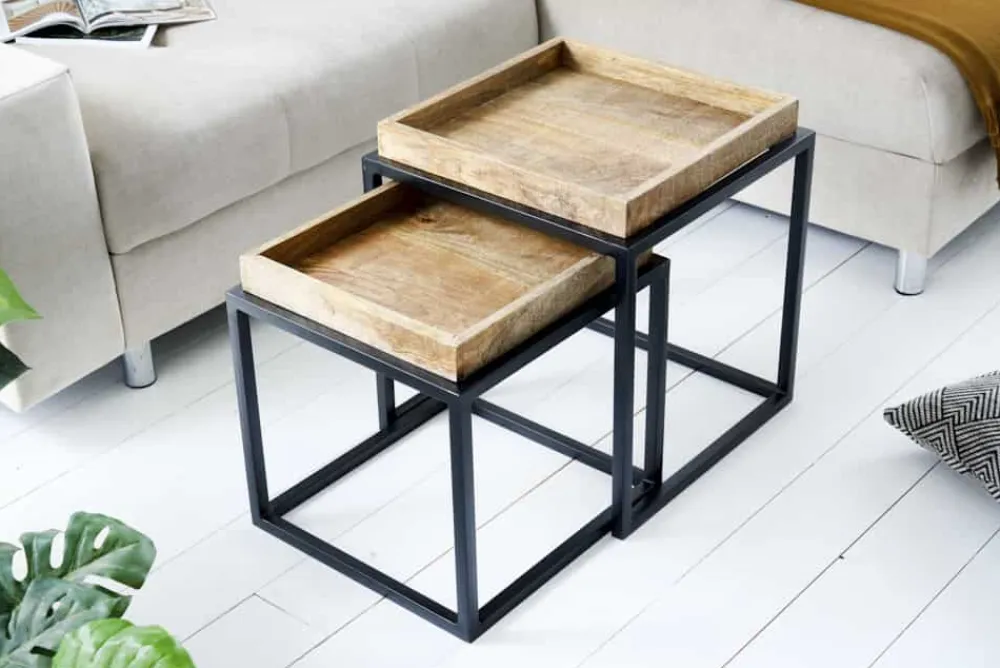 Riess-Ambiente Mehr...|Couchtische > 2er Set Beistelltisch SERVITEUR 50cm natur Mangoholz schwarzes Metallgestell Couchtische massiv