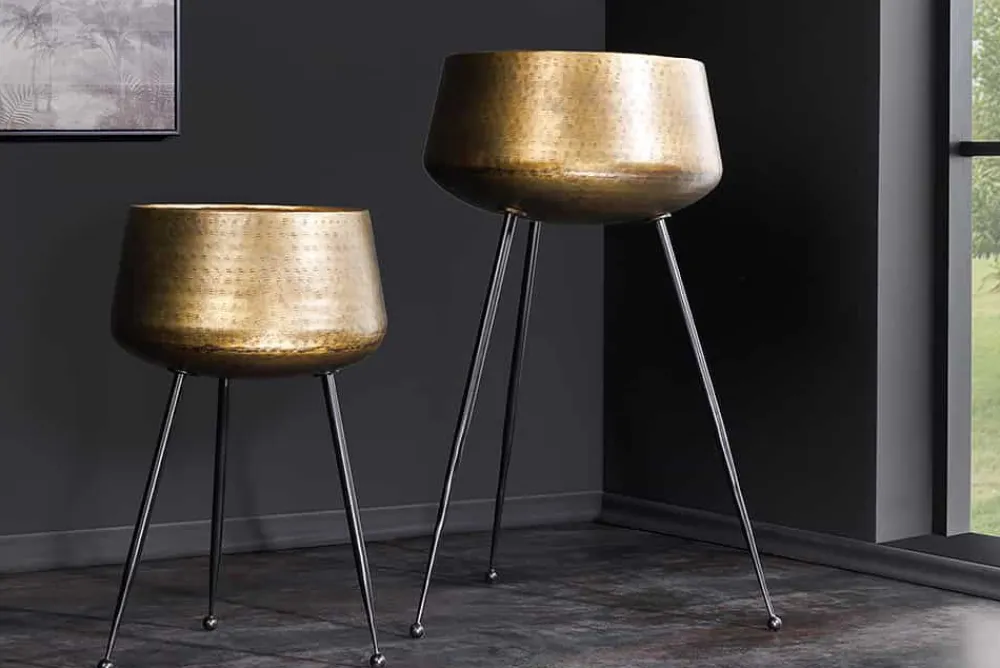 Riess-Ambiente Dekoration|Goldene Möbel > 2er Set Blumentopf FLOWERS 65cm messing gold schwarz Hammerschlag-Design