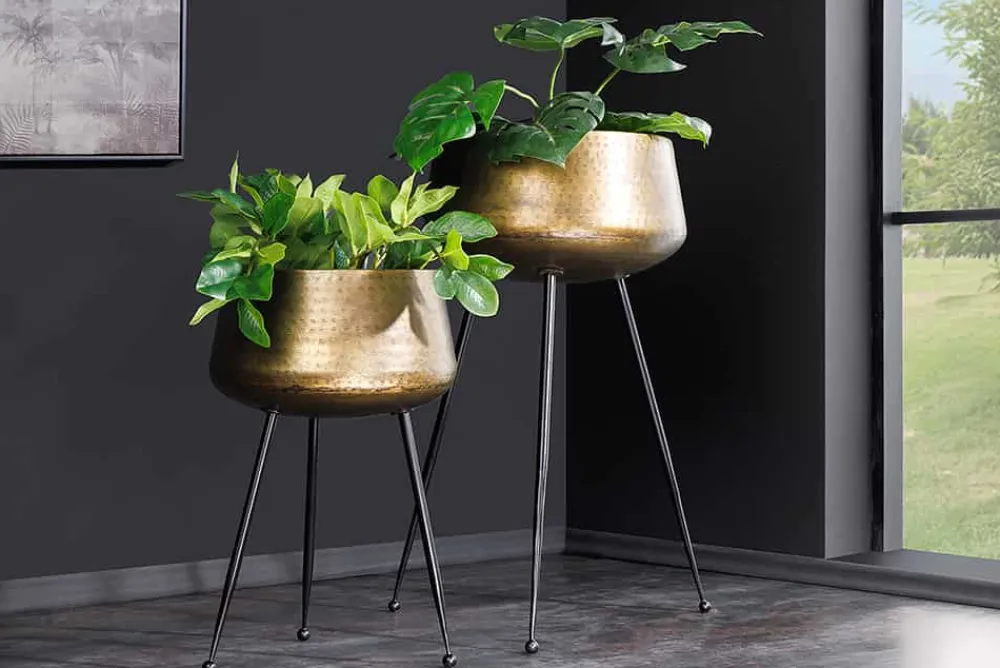 Riess-Ambiente Dekoration|Goldene Möbel > 2er Set Blumentopf FLOWERS 65cm messing gold schwarz Hammerschlag-Design