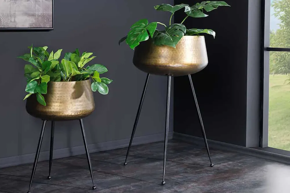 Riess-Ambiente Dekoration|Goldene Möbel > 2er Set Blumentopf FLOWERS 65cm messing gold schwarz Hammerschlag-Design