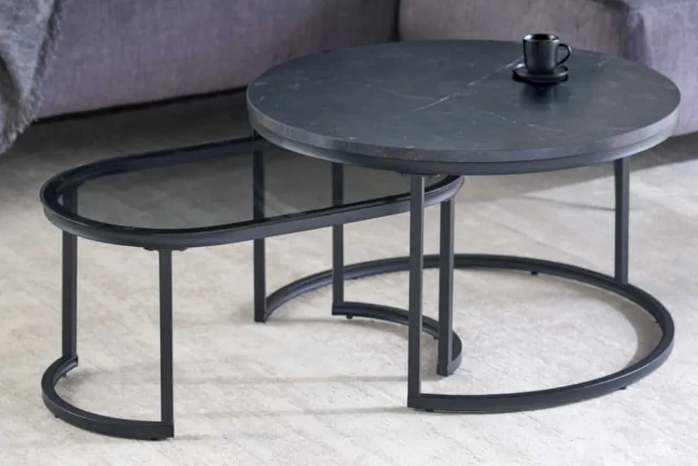 Riess-Ambiente Couchtische & Truhen|Retro Möbel > 2er Set Couchtisch ELEGANCE 70cm graphit Marmor-Design Glas Metall rund oval