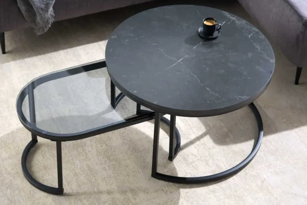 Riess-Ambiente Couchtische & Truhen|Retro Möbel > 2er Set Couchtisch ELEGANCE 70cm graphit Marmor-Design Glas Metall rund oval