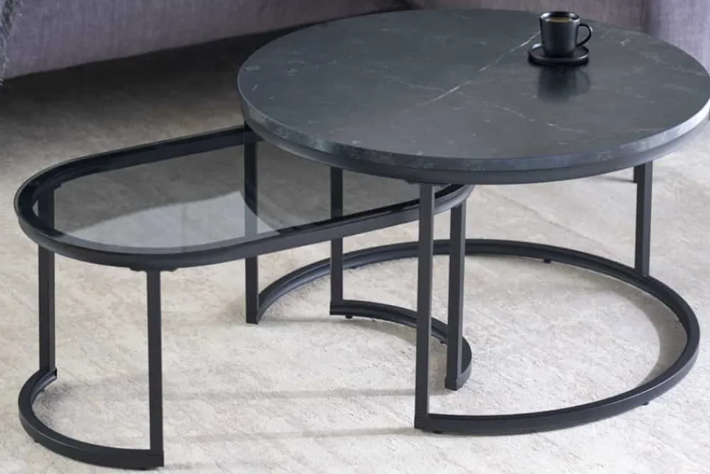 Riess-Ambiente Couchtische & Truhen|Retro Möbel > 2er Set Couchtisch ELEGANCE 70cm graphit Marmor-Design Glas Metall rund oval