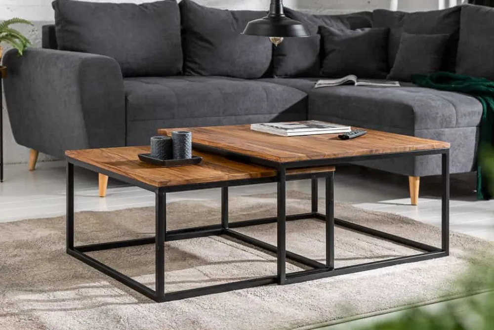 Riess-Ambiente Couchtische & Truhen|Mehr... > 2er Set Couchtisch ELEMENTS 65cm braun Sheesham Massivholz stone finish Eisen schwarz