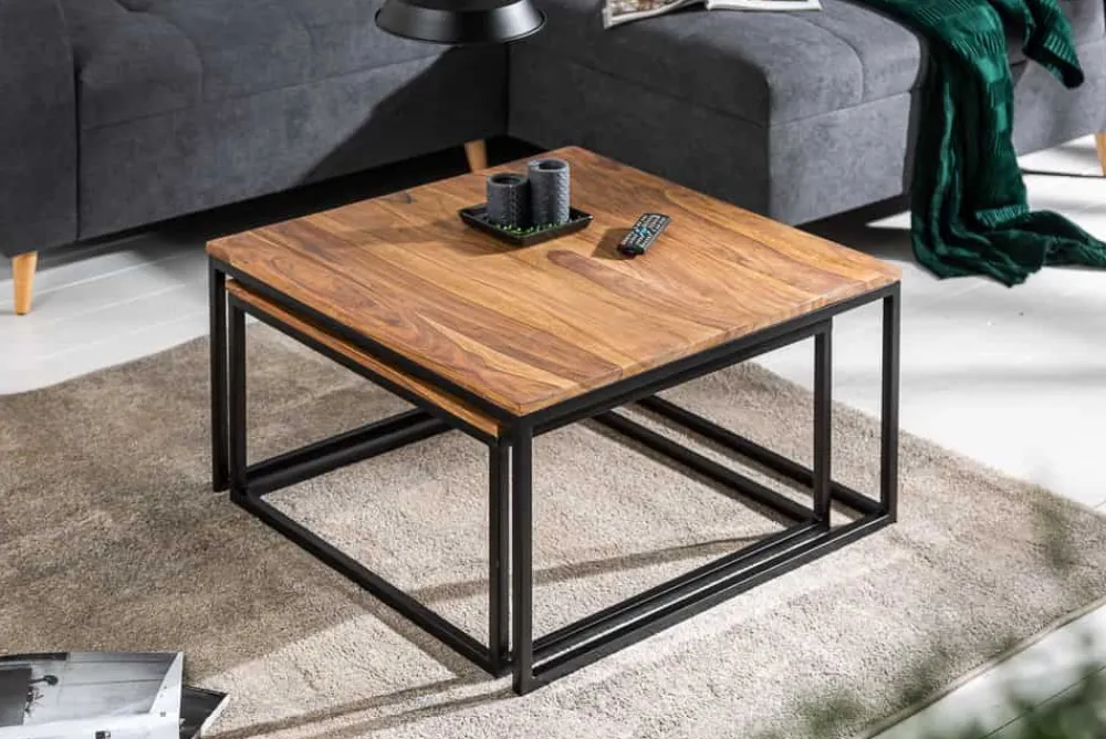 Riess-Ambiente Couchtische & Truhen|Mehr... > 2er Set Couchtisch ELEMENTS 65cm braun Sheesham Massivholz stone finish Eisen schwarz