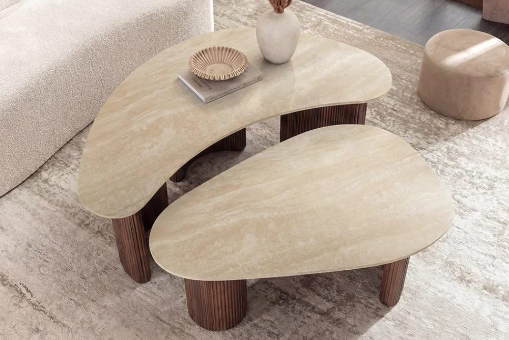 Riess-Ambiente Skandinavisch|Couchtische & Truhen > 2er Set Couchtische OSAKA 120cm champagner greige Travertin Keramik Walnuss