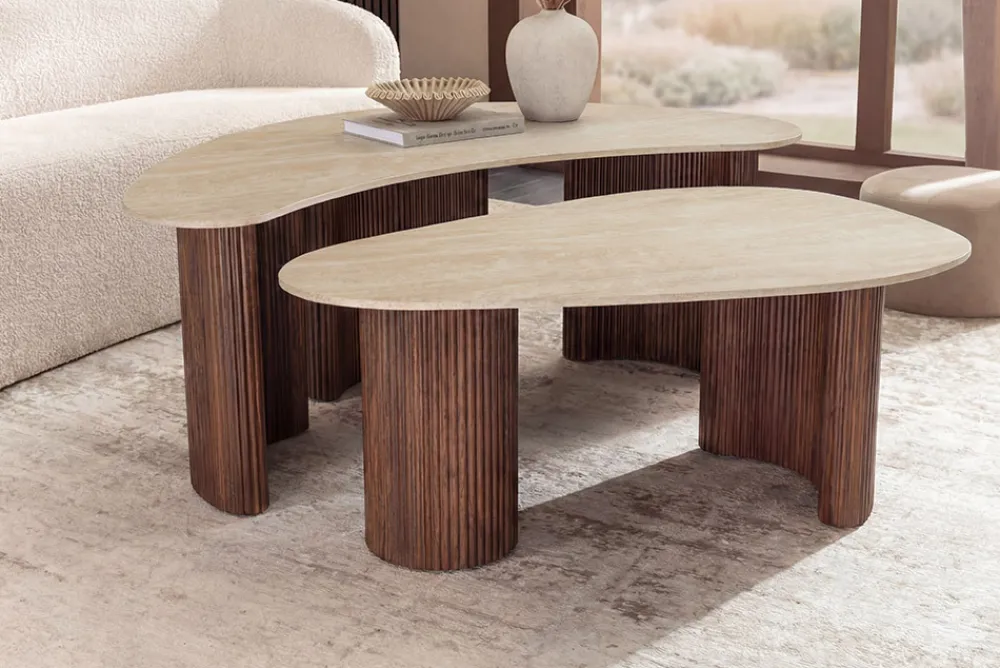 Riess-Ambiente Skandinavisch|Couchtische & Truhen > 2er Set Couchtische OSAKA 120cm champagner greige Travertin Keramik Walnuss