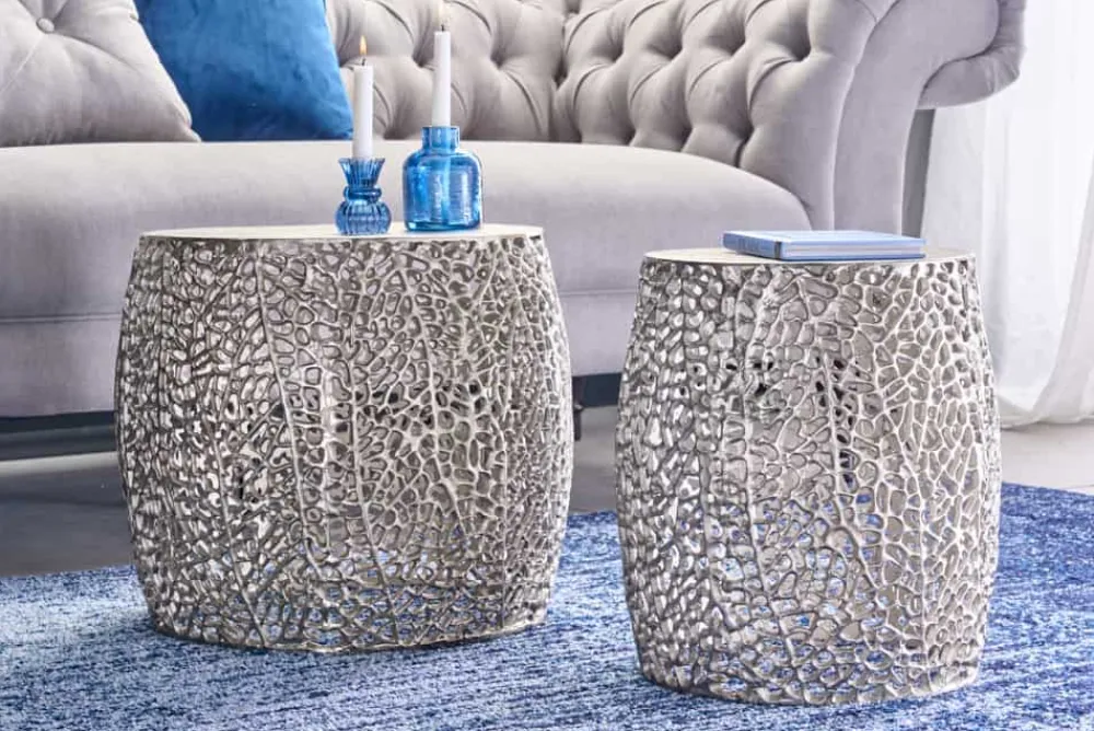 Riess-Ambiente Beistelltische|Goldene Möbel > 2er Set filigraner Design Couchtisch ABSTRACT LEAF antik silber Handarbeit rund