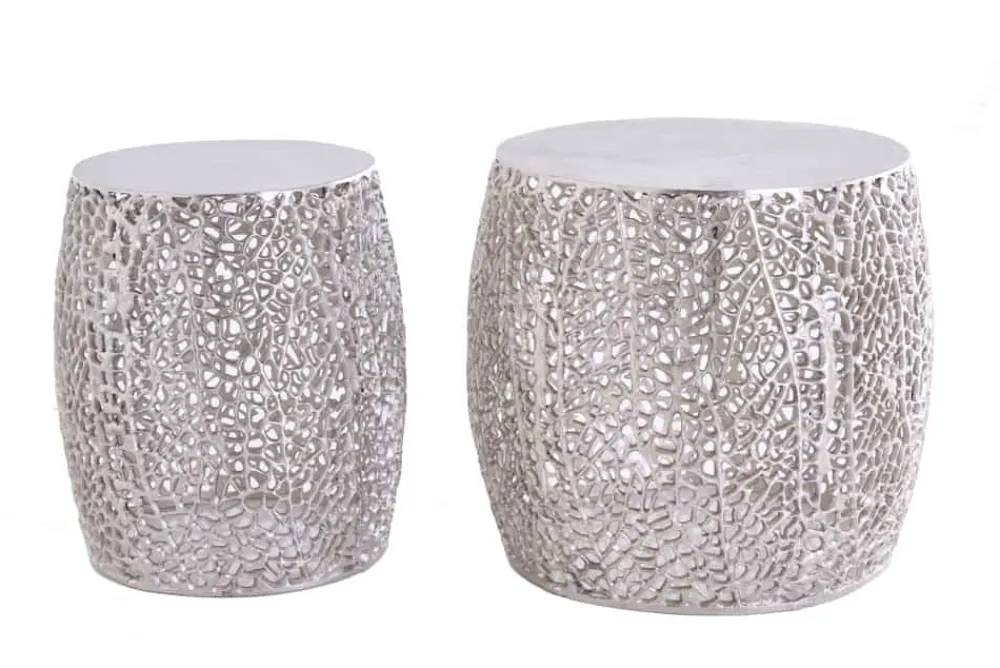 Riess-Ambiente Beistelltische|Goldene Möbel > 2er Set filigraner Design Couchtisch ABSTRACT LEAF antik silber Handarbeit rund