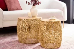 Riess-Ambiente Beistelltische|Goldene Möbel > 2er Set Filigraner Design Couchtisch ABSTRACT LEAF gold Handarbeit Metall rund