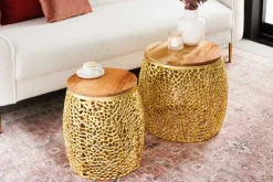 Riess-Ambiente Beistelltische|Goldene Möbel > 2er Set Filigraner Design Couchtisch ABSTRACT LEAF gold Akazienholz Handarbeit Metall rund
