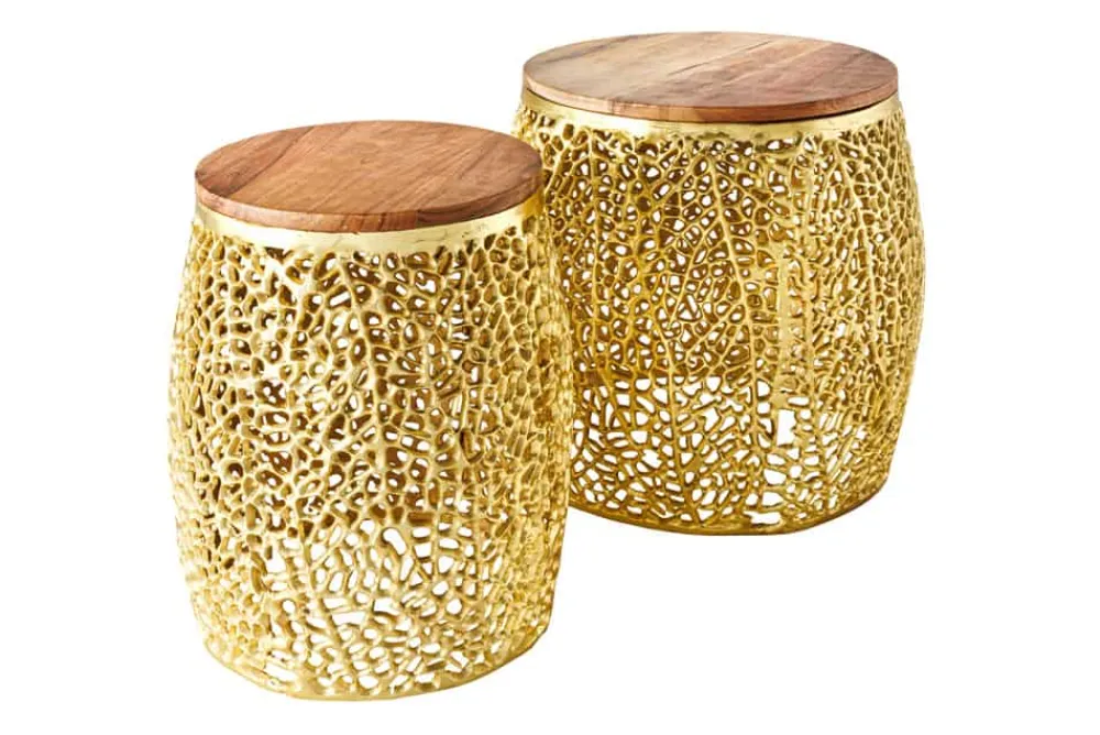 Riess-Ambiente Beistelltische|Goldene Möbel > 2er Set Filigraner Design Couchtisch ABSTRACT LEAF gold Akazienholz Handarbeit Metall rund