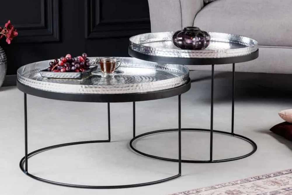 Riess-Ambiente Couchtische & Truhen > 2er Set Runde Couchtische ELEMENTS 60cm silber schwarz Metall Tabletttisch Beistelltisch