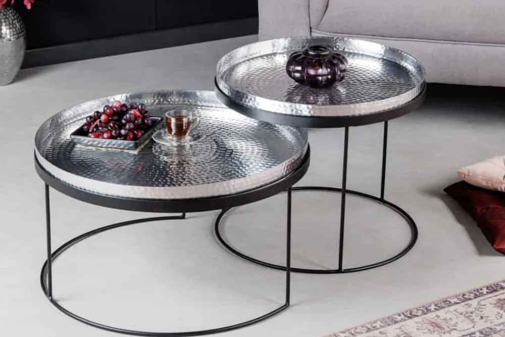 Riess-Ambiente Couchtische & Truhen > 2er Set Runde Couchtische ELEMENTS 60cm silber schwarz Metall Tabletttisch Beistelltisch