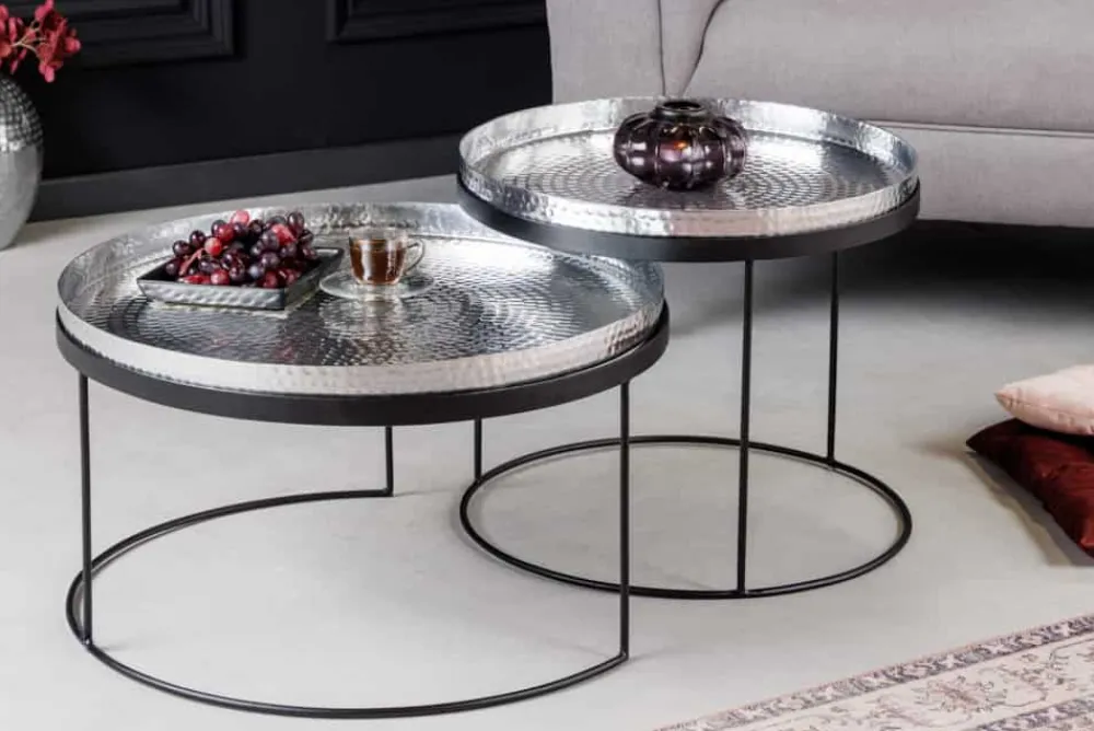 Riess-Ambiente Couchtische & Truhen > 2er Set Runde Couchtische ELEMENTS 60cm silber schwarz Metall Tabletttisch Beistelltisch