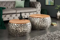 Riess-Ambiente Mehr...|Couchtische & Truhen > 2er Set Runde Couchtische STONE MOSAIC 65cm silber Mangoholz Metall handmade Mosaik Design