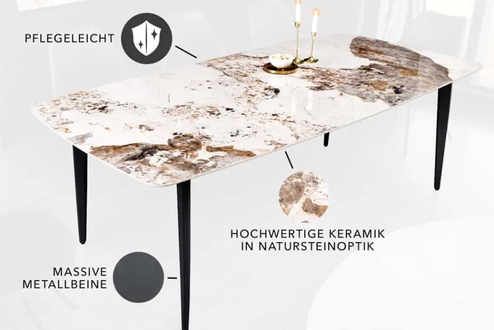 Riess-Ambiente Esstische > Esstisch MILANO 180cm weiß Pandora Keramik schwarzes Metallgestell