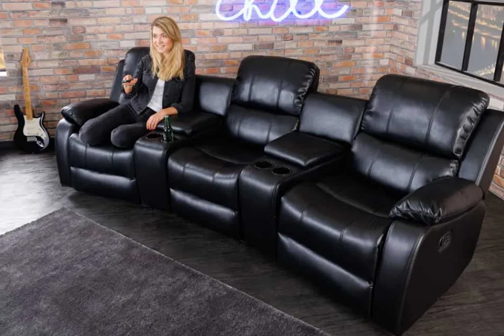 Riess-Ambiente Sessel > Exklusiver 3er Kinosessel HOLLYWOOD schwarz mit Liegefunktion und Getränkehalter