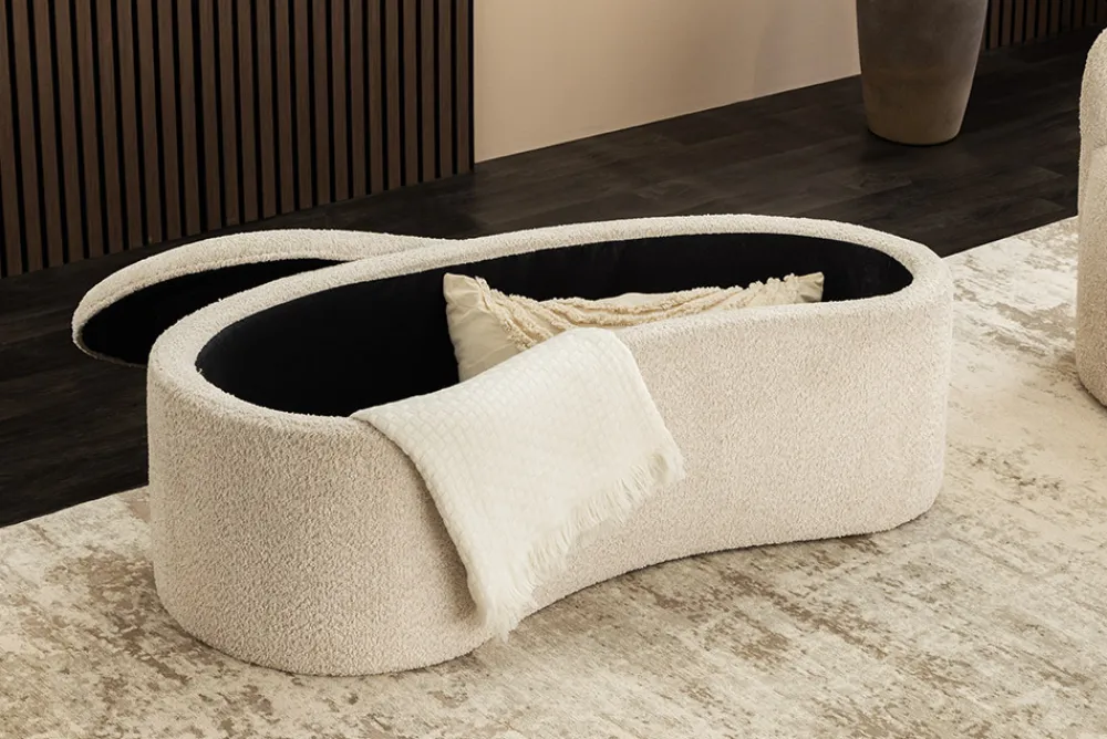 Riess-Ambiente Sitzbänke > Extravagante Polsterbank ELEMENTAL 120cm champagner beige Feinstrick Bouclé mit Stauraum