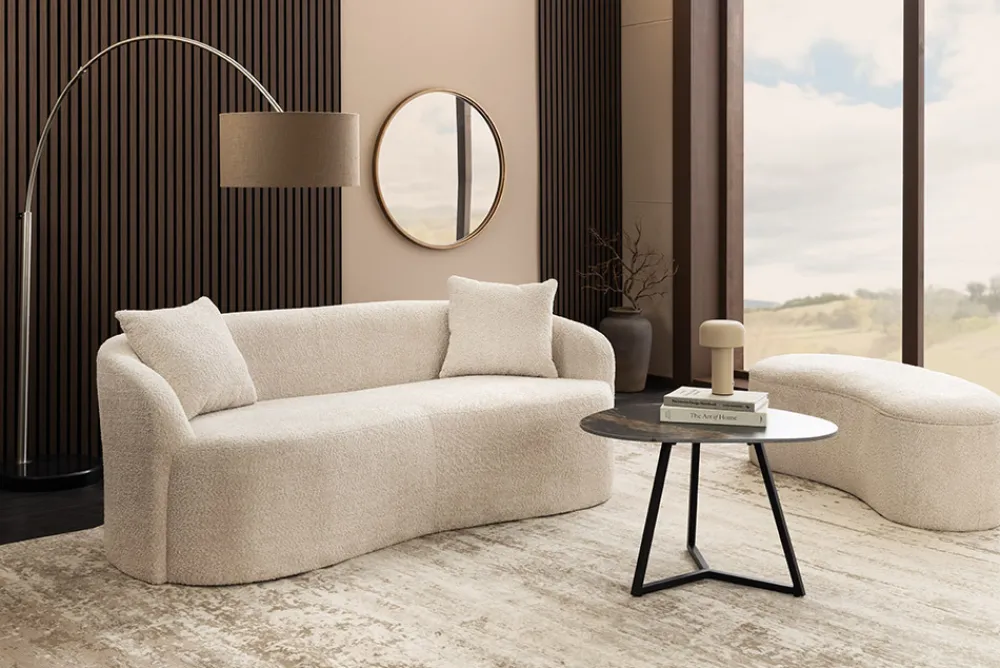 Riess-Ambiente Sitzbänke > Extravagante Polsterbank ELEMENTAL 120cm champagner beige Feinstrick Bouclé mit Stauraum