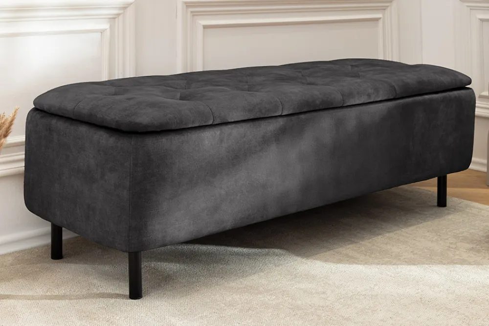Riess-Ambiente Sitzbänke|Samt Möbel > Extravagante Polsterbank EN VOGUE 120cm grau Samt mit Stauraum schwarze Metallbeine