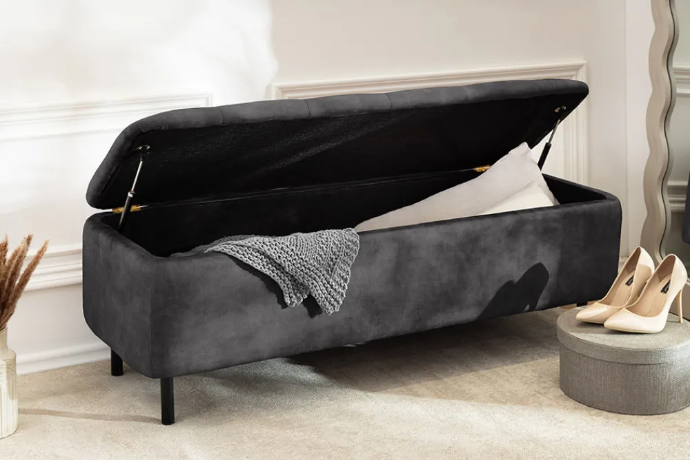 Riess-Ambiente Sitzbänke|Samt Möbel > Extravagante Polsterbank EN VOGUE 120cm grau Samt mit Stauraum schwarze Metallbeine