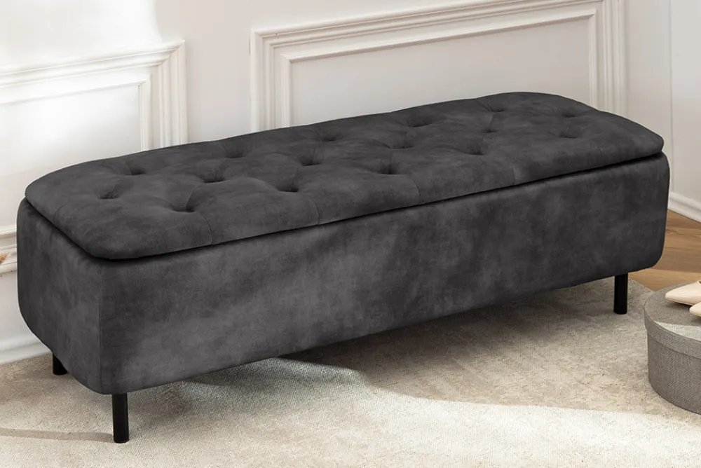 Riess-Ambiente Sitzbänke|Samt Möbel > Extravagante Polsterbank EN VOGUE 120cm grau Samt mit Stauraum schwarze Metallbeine
