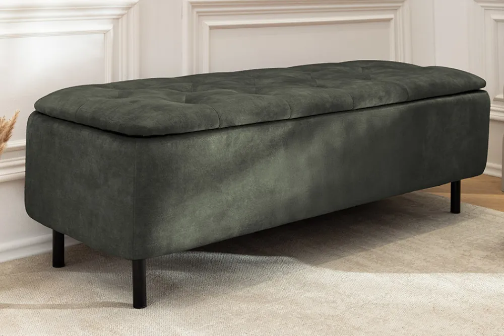 Riess-Ambiente Sitzbänke|Samt Möbel > Extravagante Polsterbank EN VOGUE 120cm grün Samt mit Stauraum schwarze Metallbeine