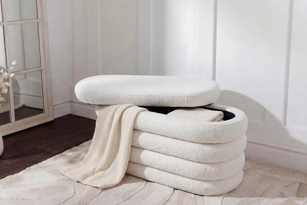 Riess-Ambiente Sitzbänke > Extravagante Polsterbank VOGUE 85cm weiß Bouclé Sitzbank mit Stauraum