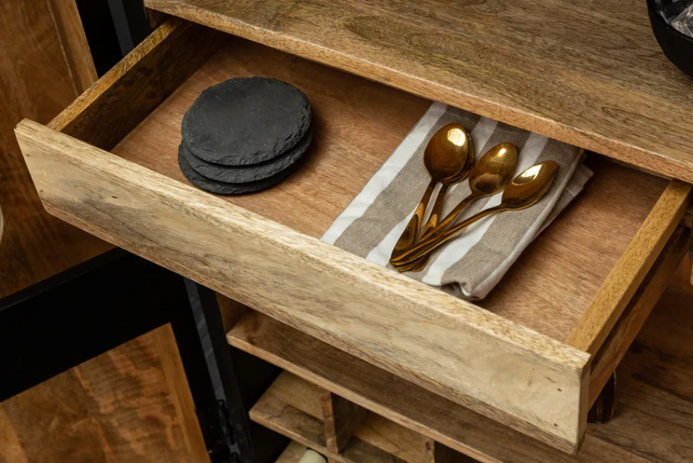 Riess-Ambiente Mehr...|Massivholzschränke > Extravaganter Barschrank ANGEL 140cm schwarz Mangoholz mit goldenen Flügeln