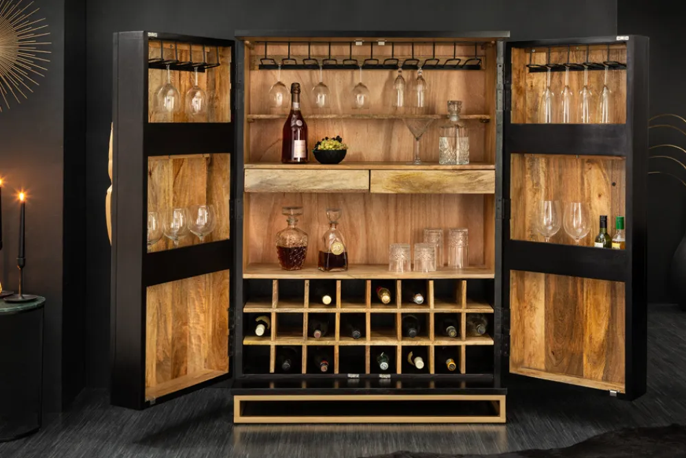 Riess-Ambiente Mehr...|Massivholzschränke > Extravaganter Barschrank ANGEL 140cm schwarz Mangoholz mit goldenen Flügeln