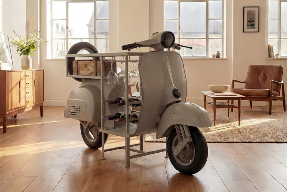 Riess-Ambiente Konsolentische|Barschränke > Extravaganter Bartisch SCOOTER 180cm salbei Retro-Konsole Motorroller Mangoholz Upcycling