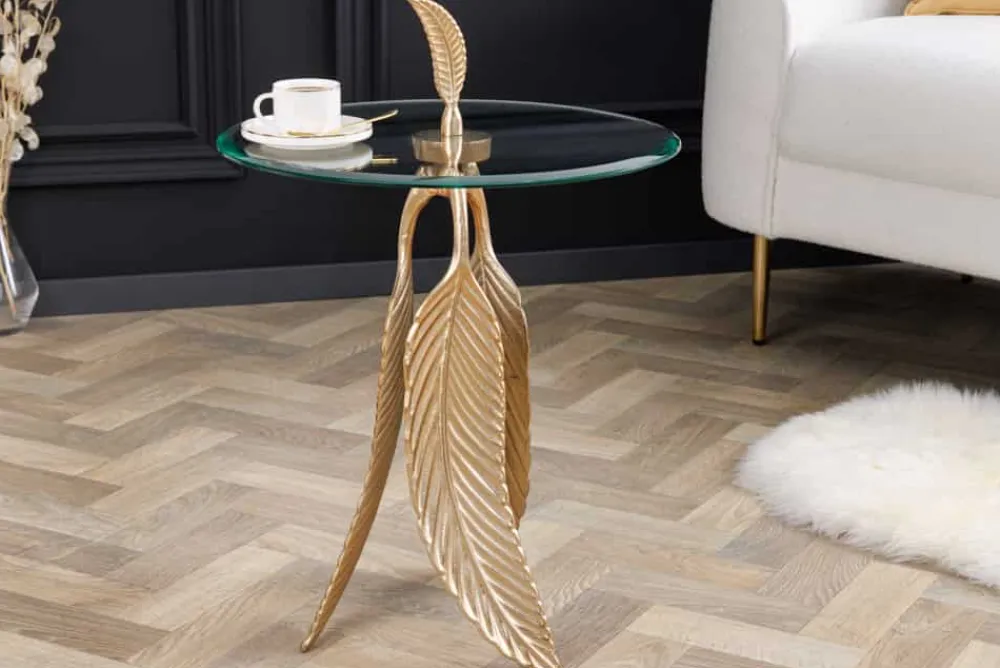 Riess-Ambiente Goldene Möbel > Extravaganter Beistelltisch FEATHER 65cm gold Glasplatte handmade rund