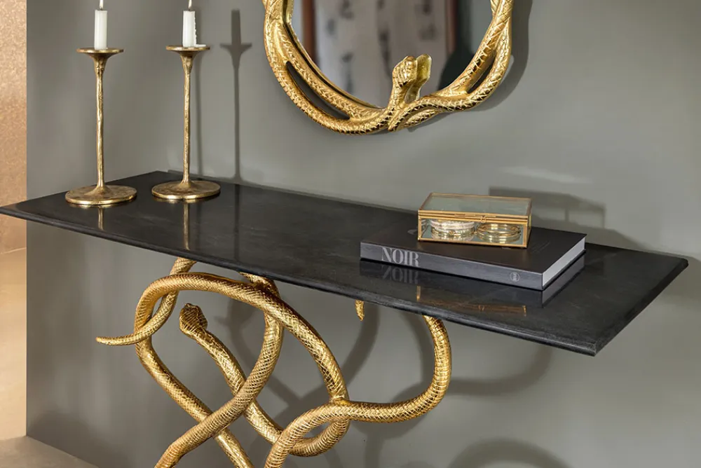 Riess-Ambiente Goldene Möbel|Konsolentische > Extravaganter Konsolentisch WILDLIFE SNAKE 115cm schwarz gold Marmor Schlange Skulptur