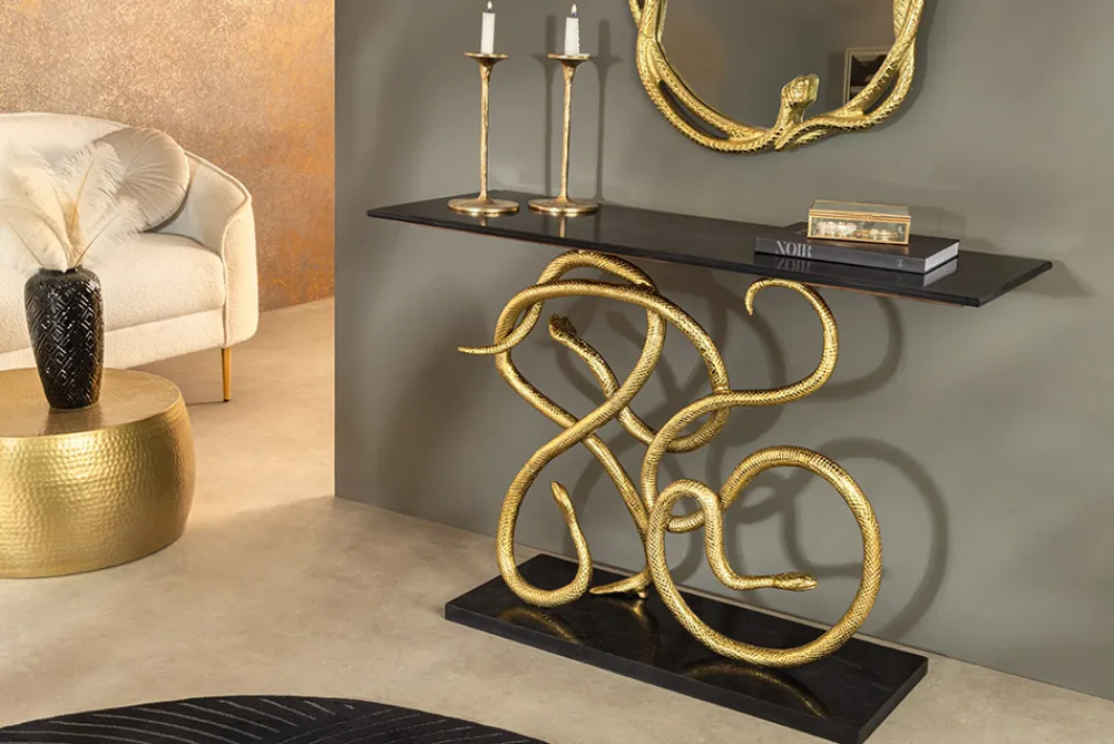 Riess-Ambiente Goldene Möbel|Konsolentische > Extravaganter Konsolentisch WILDLIFE SNAKE 115cm schwarz gold Marmor Schlange Skulptur