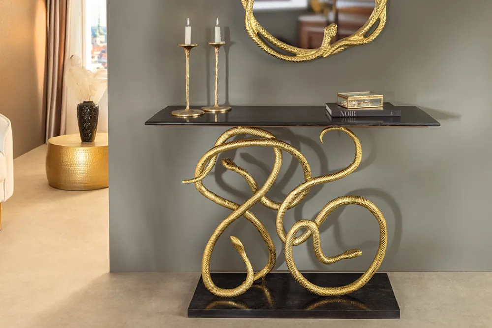 Riess-Ambiente Goldene Möbel|Konsolentische > Extravaganter Konsolentisch WILDLIFE SNAKE 115cm schwarz gold Marmor Schlange Skulptur
