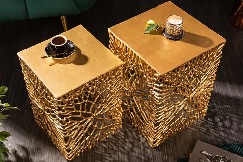 Riess-Ambiente Beistelltische|Goldene Möbel > Filigranes Beistelltisch 2er Set ABSTRACT LEAF 45cm gold Handarbeit