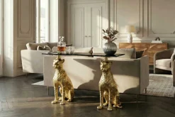 Riess-Ambiente Goldene Möbel|Konsolentische > Freistehender Konsolentisch PANTHER 115cm gold Metall mit Marmor-Platte handmade