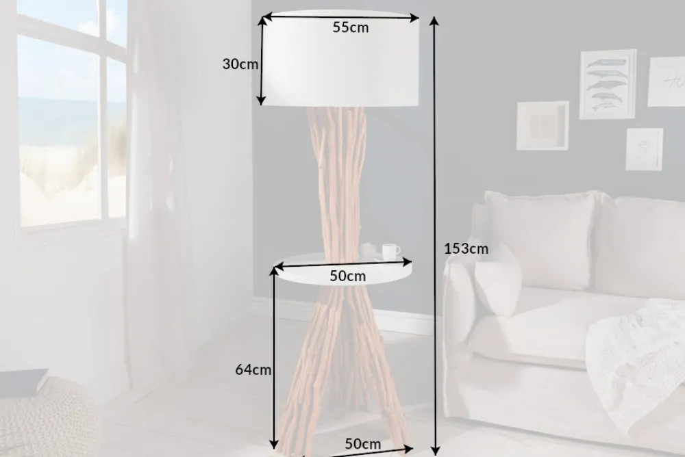 Riess-Ambiente Mehr...|Mehr... > Funktionelle Stehlampe SERVANT 153cm Longan-Massivholz mit Tisch und Leinenschirm