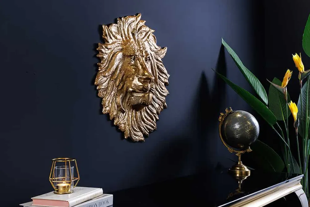 Riess-Ambiente Goldene Möbel|Wanddekoration > Goldene Wanddeko WILDLIFE LION 35cm gold Metall Löwenkopf-Skulptur handmade