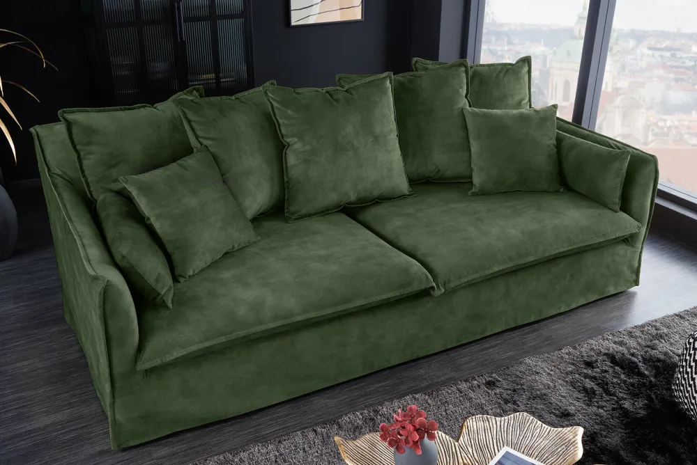 Riess-Ambiente Samt Möbel|Xxl Sofa > Großes 3-Sitzer Sofa HEAVEN 200cm dunkelgrün Samt Federkern waschbarer Bezug Hussensofa Couch